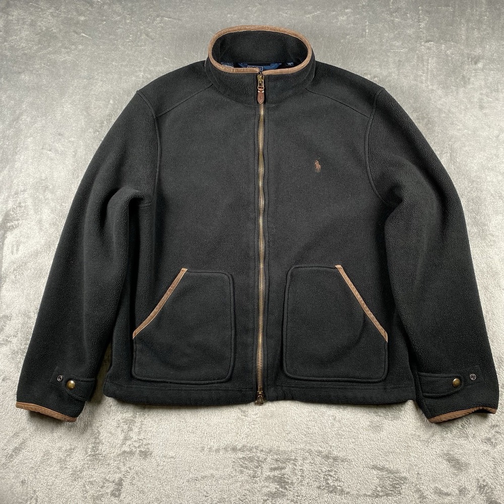Vintage Polo Ralph Lauren Jacket Mens Size XL Black Full Zip Fleece Leather Trim